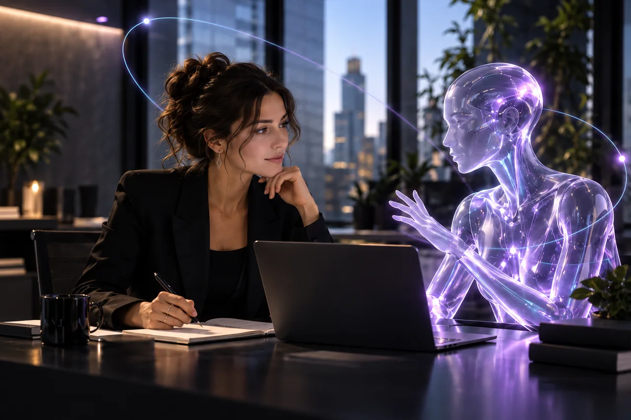 Illustration créée par IA : une professionnelle échange avec un assistant numérique translucide dans un bureau.